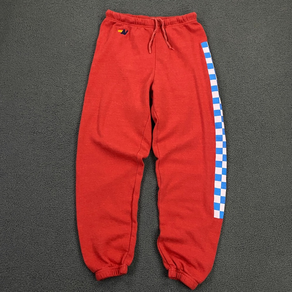 Aviator Nation Sweatpants Women Medium Red Checkered Stripe Retro Jogger